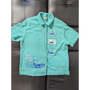 Vintage Teddi  Sailing Print‎ Short Sleeve Button Down Shirt Women's L/XL